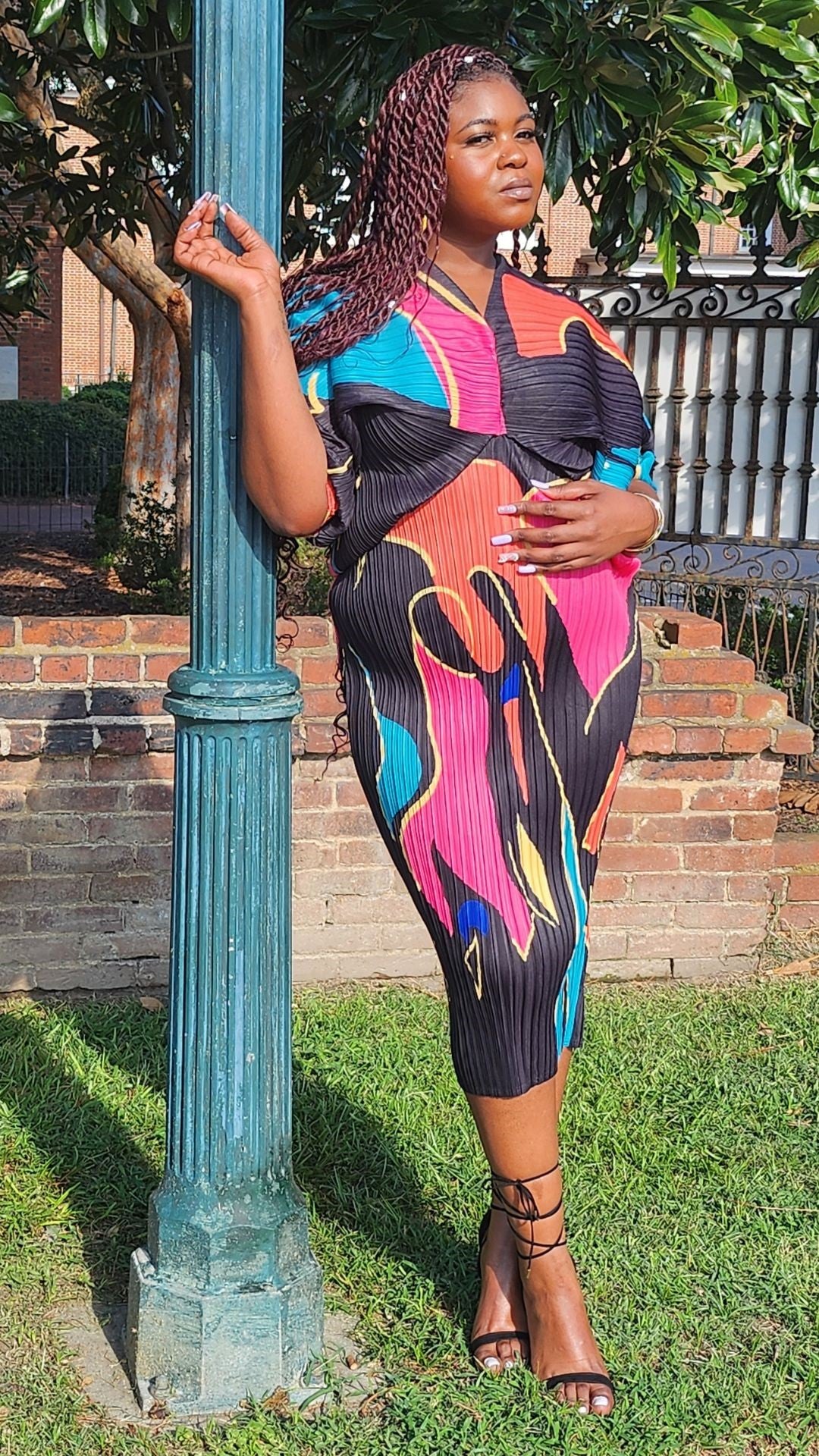 Plus Size - Pleated Midi Multi Color Dress