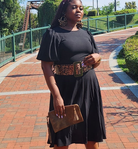 Princess Sleeve Belted Midi Dress Black